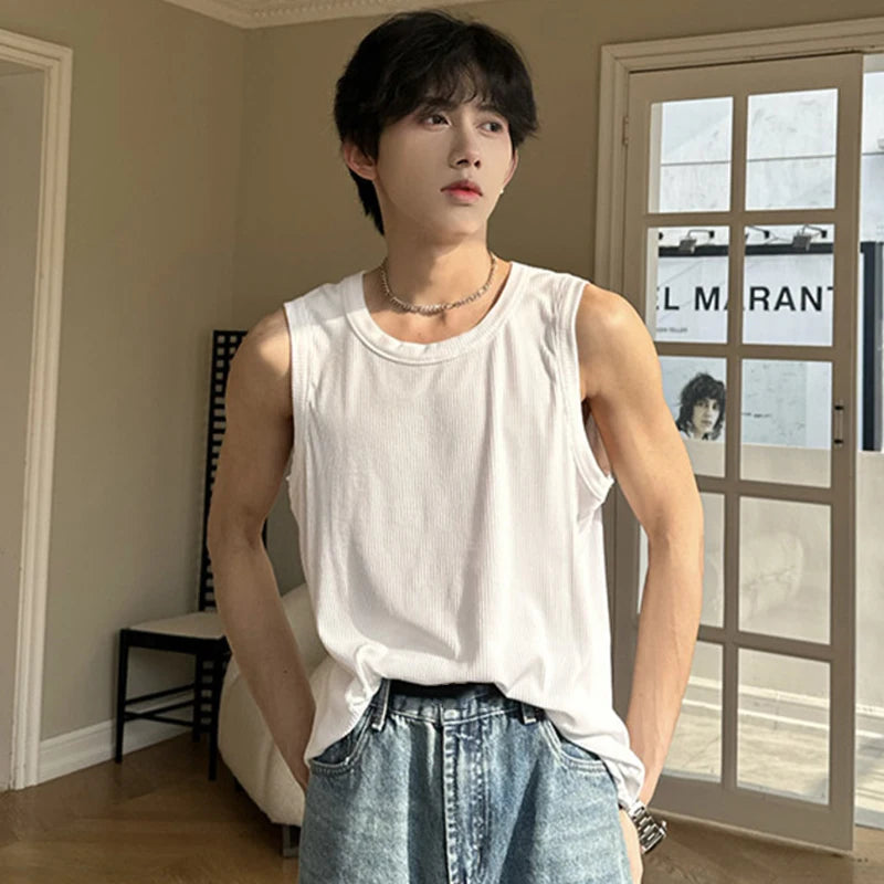 Men's Vest T-shirt Simple Round Collar Solid Color Male Sleeveless Tops Casual Men Clothing Spring Fashion 9C4912