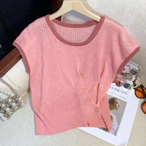 Load image into Gallery viewer, Women Summer Round Neck Patchwork Short Sleeves Knit T-shirt Fashion Festival Casual Ladies Street Button Design Top Popular New
