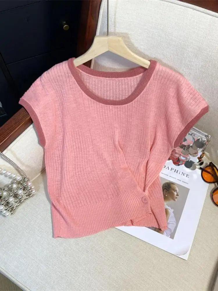 Women Summer Round Neck Patchwork Short Sleeves Knit T-shirt Fashion Festival Casual Ladies Street Button Design Top Popular New
