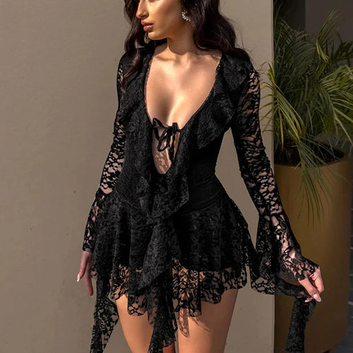 Load image into Gallery viewer, Lace Ruffled Sexy Mini Dress For Women Robe Deep V Neck Flare Long Sleeve Draped A-line Club Party Dress Vestido
