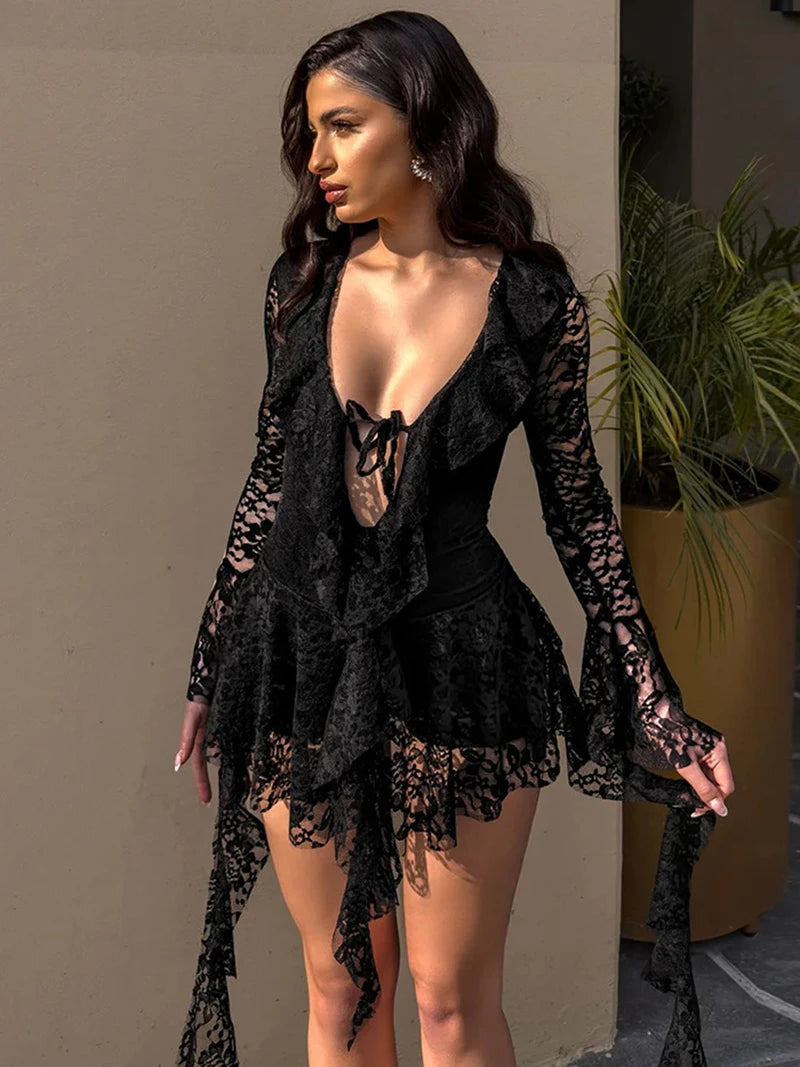 Lace Ruffled Sexy Mini Dress For Women Robe Deep V Neck Flare Long Sleeve Draped A-line Club Party Dress Vestido