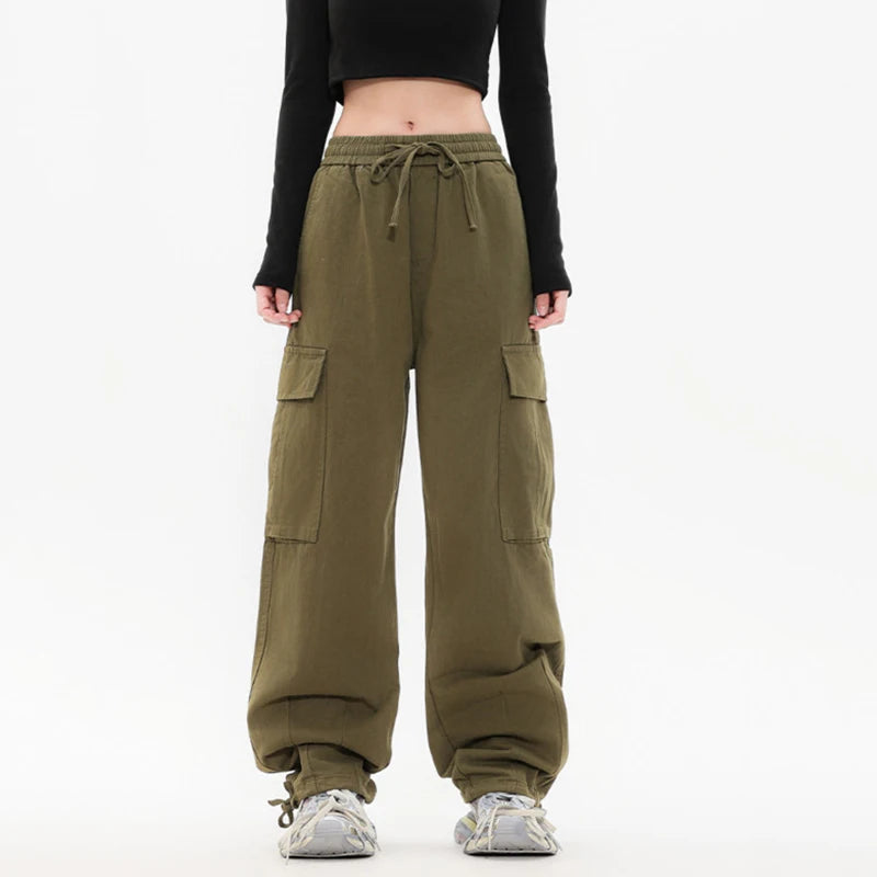 Solid Color Multi Pocket Men's Pants Casual Straight Drawstring Trendy Elastic Waist Wide Leg Simple Male Trousers 9W101