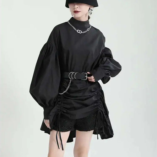Load image into Gallery viewer, Women Balck Irregular Drawstring Big Size Dress New Stand Collar Long Sleeve Loose Fit Fashion Spring Autumn 2025 1Z18901
