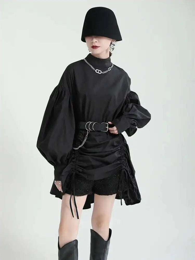 Women Balck Irregular Drawstring Big Size Dress New Stand Collar Long Sleeve Loose Fit Fashion Spring Autumn 2025 1Z18901