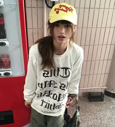 Japanese Y2k Letter Print T-shirt 2000s Style Long Sleeve T Shirt Vintage Harajuku White Loose Tops American Retro 90s