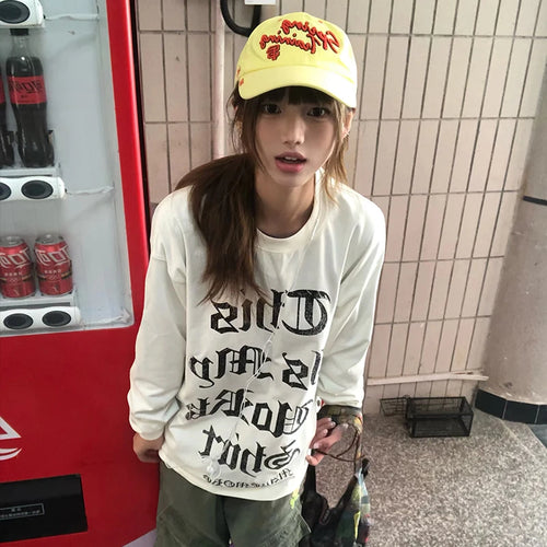 Japanese Y2k Letter Print T-shirt 2000s Style Long Sleeve T Shirt Vintage Harajuku White Loose Tops American Retro 90s