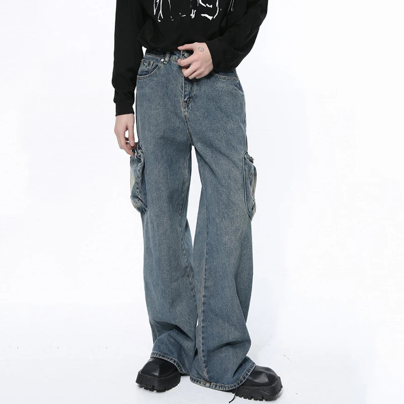 Washed Men's Jeans High Street Gradient Color Large Pockets Male Denim Cargo Pants American Style Straight Trousers 9C4948