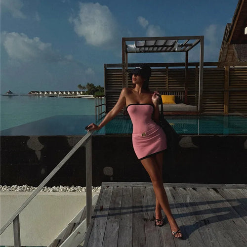 Load image into Gallery viewer, Off-shoulder Strapless Sexy Knit Dress Women Robe Contrast Color Sleeveless Backless Bodycon Beach Mini Dress Knitwear
