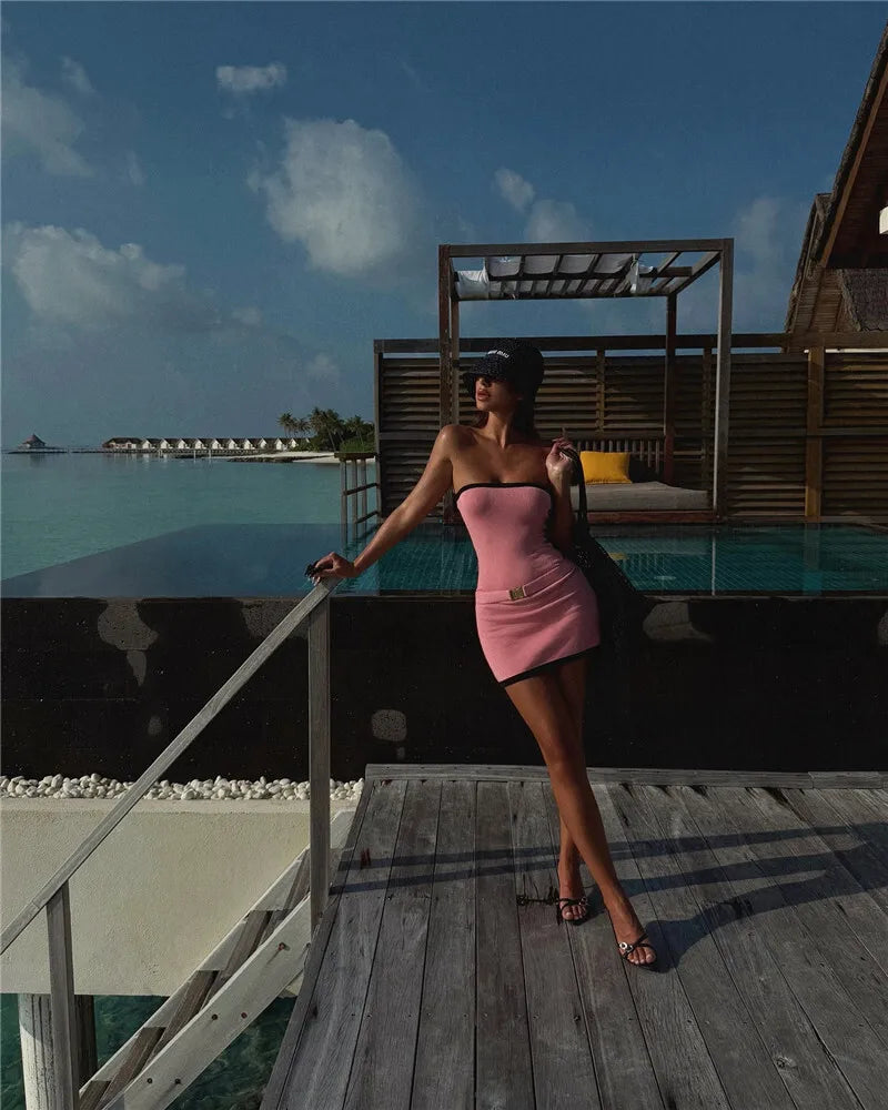 Off-shoulder Strapless Sexy Knit Dress Women Robe Contrast Color Sleeveless Backless Bodycon Beach Mini Dress Knitwear