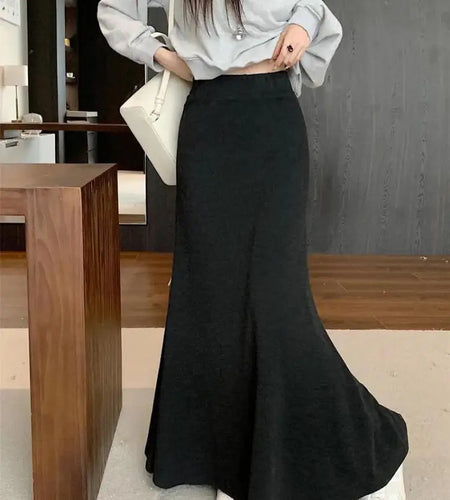 Spring Summer Korean Fashion Black Slim Vacation Long Skirt Women Grey High Waist Elegant Pleated Fishtail Skirt Simplicity Chic