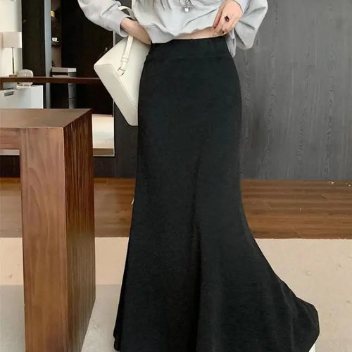 Load image into Gallery viewer, Spring Summer Korean Fashion Black Slim Vacation Long Skirt Women Grey High Waist Elegant Pleated Fishtail Skirt Simplicity Chic
