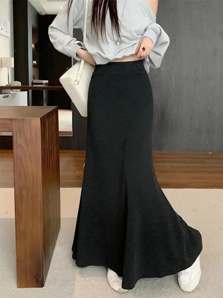 Spring Summer Korean Fashion Black Slim Vacation Long Skirt Women Grey High Waist Elegant Pleated Fishtail Skirt Simplicity Chic