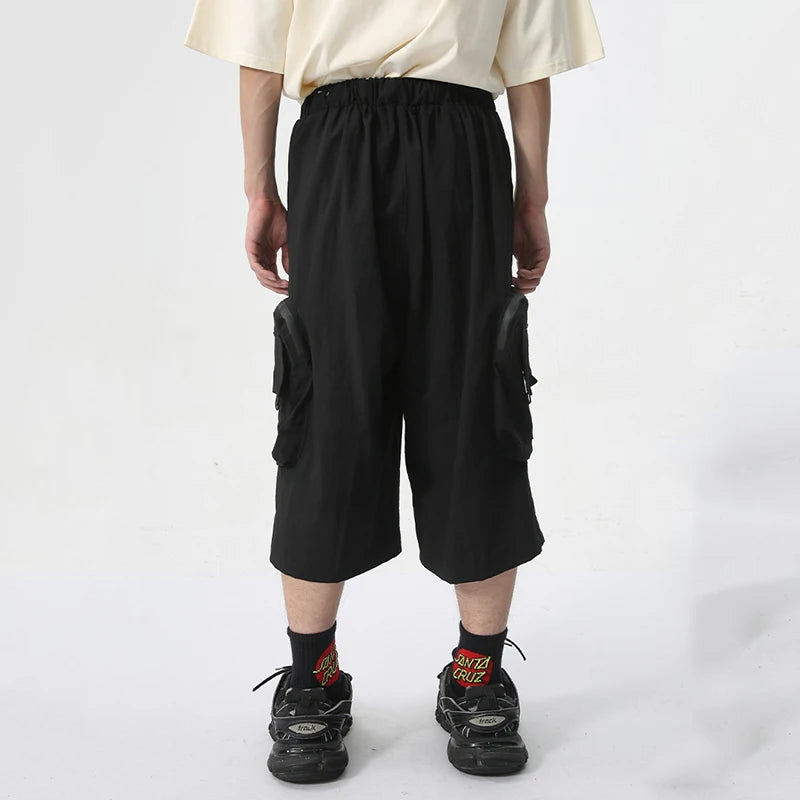 Men's Wear New Stylish Shorts Wide Leg Loose Large Pocket Knee-length Trousers Elastic Waist Lace-up Male Trend 9C6031