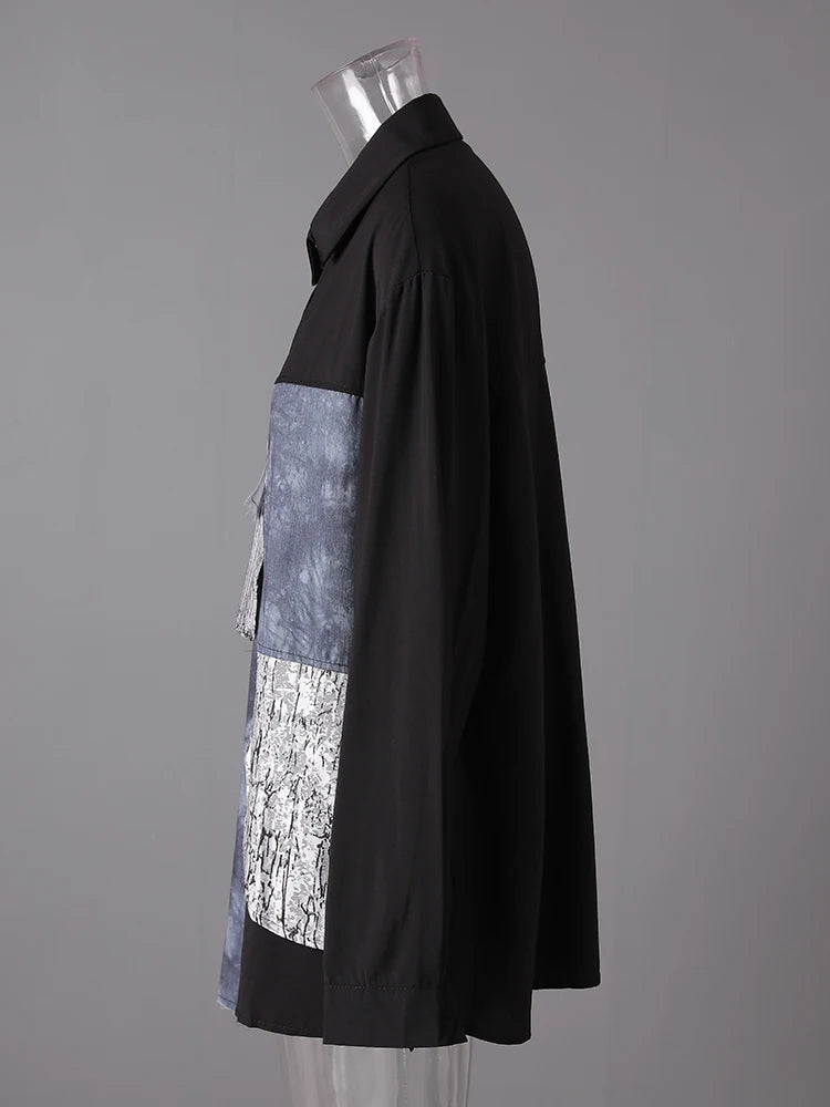 Women Black Printed Patch Spliced Big Size Blouse New Lapel Long Sleeve Shirt Fashion Tide Spring Autumn 2025 21F3676