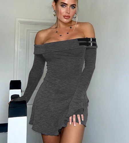 Ribbed Solid Slash Neck Long Sleeve Buttons Sexy Bodycon Mini Prom Dress Fall Women Y2K Clothes Evening Party Festival