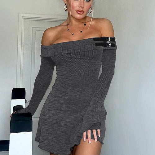 Load image into Gallery viewer, Ribbed Solid Slash Neck Long Sleeve Buttons Sexy Bodycon Mini Prom Dress Fall Women Y2K Clothes Evening Party Festival
