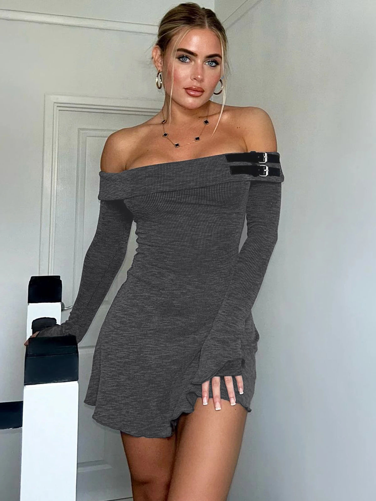 Ribbed Solid Slash Neck Long Sleeve Buttons Sexy Bodycon Mini Prom Dress Fall Women Y2K Clothes Evening Party Festival