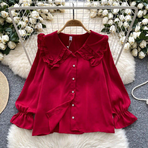 Load image into Gallery viewer, Autumn 2024 Vintage Women Sweet Solid Ruffles Shirts Fashion Ladies Long Sleeves Blouses Chic Single Breasted Tops Clothes Chic
