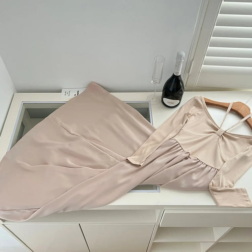 Load image into Gallery viewer, Autumn New Women Khaki Elegant Long Sleeve High Waist Pleated Dress Korean Backless Round Neck Halter Lace-up Dress Casual Trend
