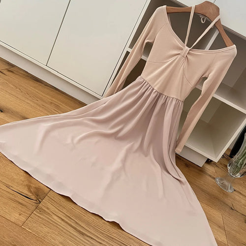 Load image into Gallery viewer, Autumn New Women Khaki Elegant Long Sleeve High Waist Pleated Dress Korean Backless Round Neck Halter Lace-up Dress Casual Trend
