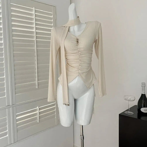 Load image into Gallery viewer, Women Black Beige Festival Pleated T-shirt Casual Grey V Neck Long Sleeve Top Ladies Versatile Clothing Spring Autumn 2025 Trend
