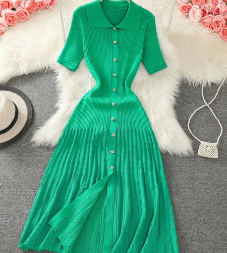 Summer 2024 New Women's Black Beige Single Breasted Knitted Long Dress Green Elegant Office Lady Short Sleeve Pleated Dress Chic