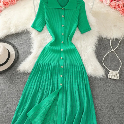 Load image into Gallery viewer, Summer 2024 New Women's Black Beige Single Breasted Knitted Long Dress Green Elegant Office Lady Short Sleeve Pleated Dress Chic

