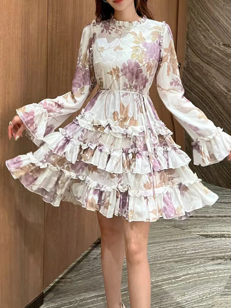 Hit Color Spliced Lace Up Slimming Dresses For Womne O Neck Long Sleeve High Waist Temperament Dress Female Fashion