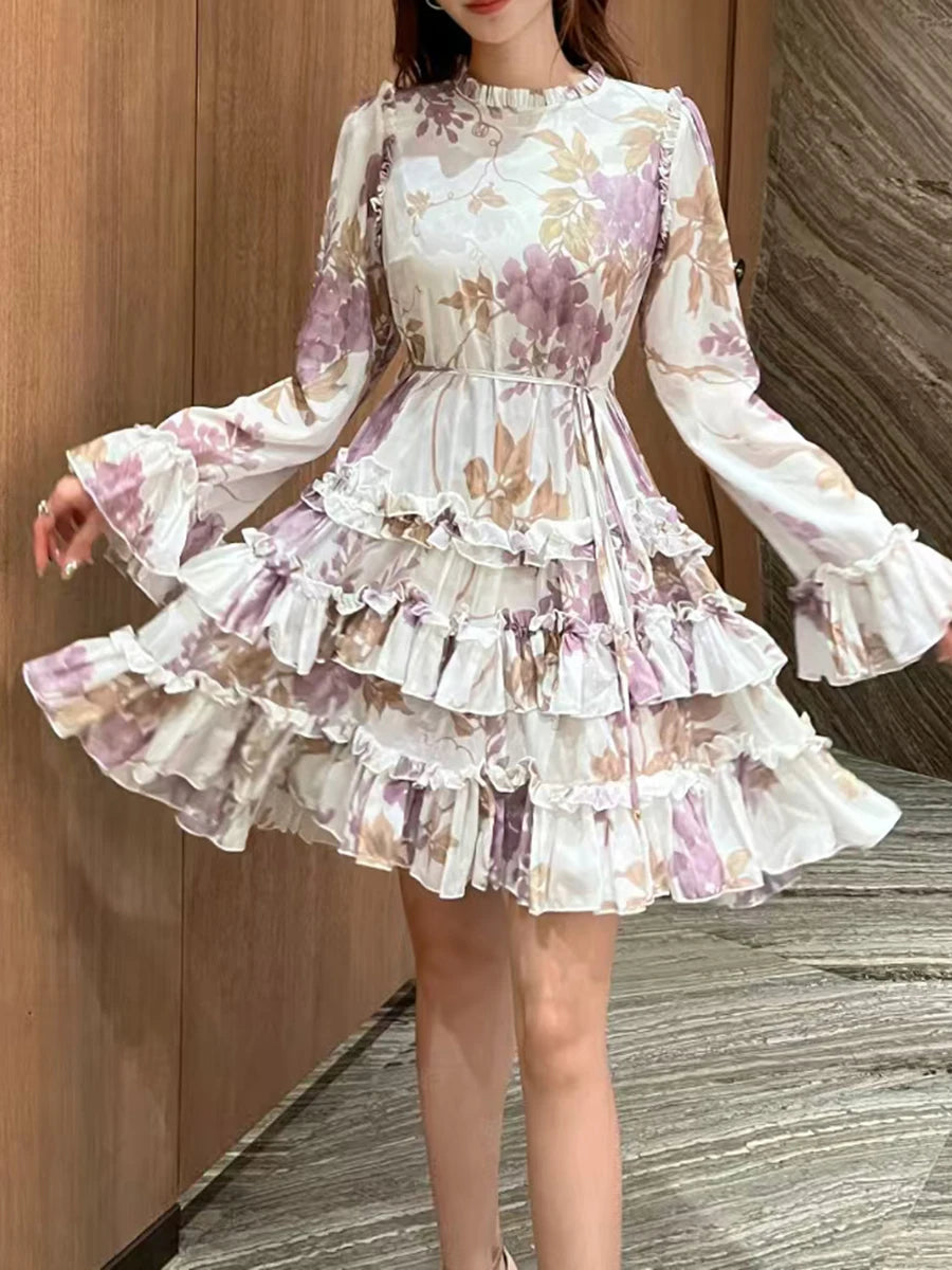Hit Color Spliced Lace Up Slimming Dresses For Womne O Neck Long Sleeve High Waist Temperament Dress Female Fashion