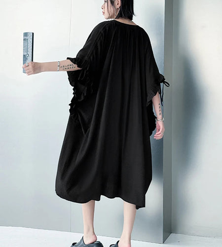 Women Black Bandage Ruffles Big Size Midi Dress New V-Neck Half Batwing Sleeve Fashion Tide Spring Autumn 2025 1DJ1044