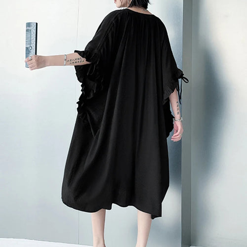 Load image into Gallery viewer, Women Black Bandage Ruffles Big Size Midi Dress New V-Neck Half Batwing Sleeve Fashion Tide Spring Autumn 2025 1DJ1044
