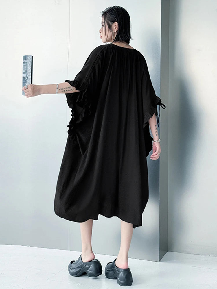 Women Black Bandage Ruffles Big Size Midi Dress New V-Neck Half Batwing Sleeve Fashion Tide Spring Autumn 2025 1DJ1044