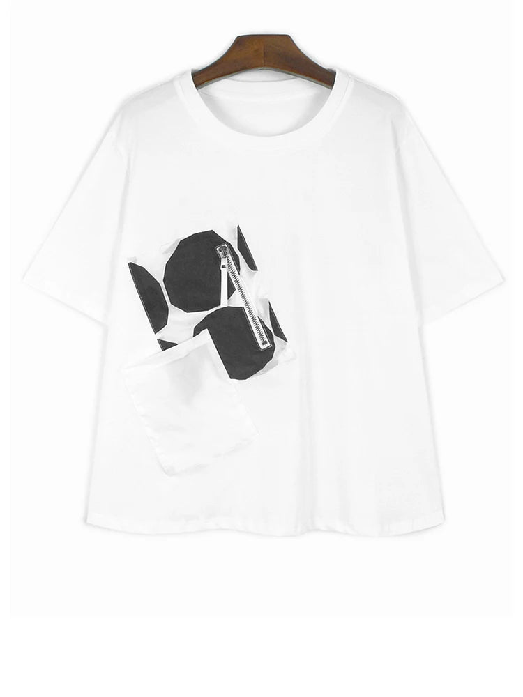 Women Black Dot Printed Spliced Big Size Casual T-shirt New Round Neck Short Sleeve Fashion Spring Summer 2025 1DH9969