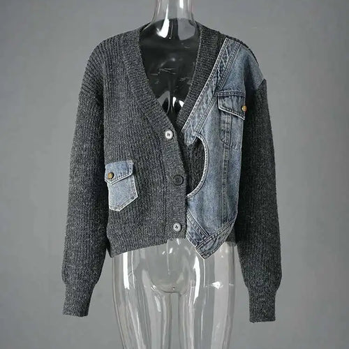 Load image into Gallery viewer, Gray Denim Big Size Design Knitting Cardigan Sweater V-Neck Long Sleeve Women New Fashion Tide Spring Autumn 2025 CP3517
