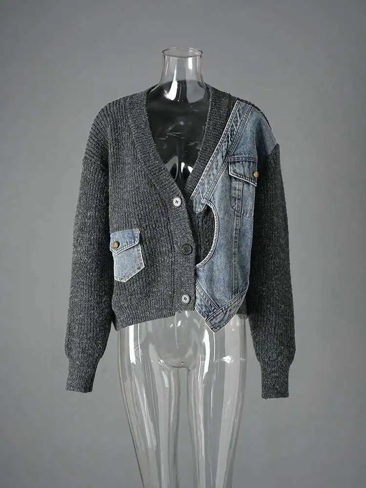 Gray Denim Big Size Design Knitting Cardigan Sweater V-Neck Long Sleeve Women New Fashion Tide Spring Autumn 2025 CP3517