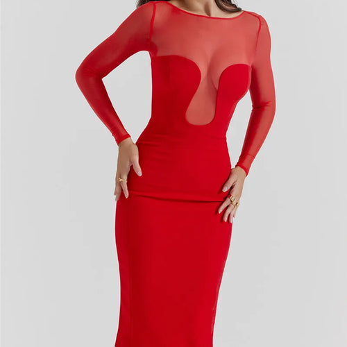 Load image into Gallery viewer, Elegant Strapless Sexy Midi Dress For Women Fashion Sheer Long Sleeve Backless Split Bodycon Club Party Sexy Long Dress
