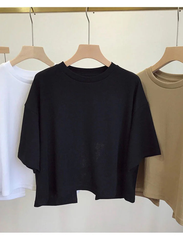 Summer New Ladies Casual Backless T-Shirt 2024 Korean Women Round Neck Loose Sweet Spicy Wind Short-Sleeved Crop Tops