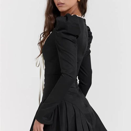 Load image into Gallery viewer, Lace Bandage Puff Sleeve Mini Dress For Women 2023 Autumn Winter New Square Collar Ruched Dress Vintage Elegant
