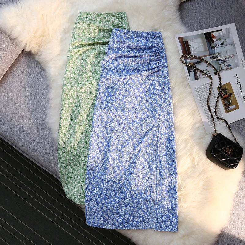 Sexy Print Split Skirt Womens Summer 2023 A-line High Waist Slim Midi  Skirts Female Retro Elegant Wrap Hip Skirt Fashion