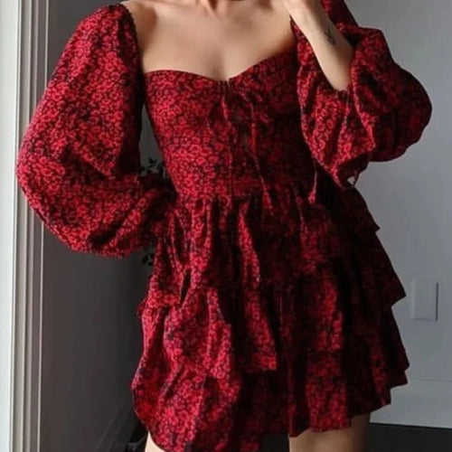 Load image into Gallery viewer, Patchwork Lace Up Printing Vintage Dresses For Women Square Collar Long Sleeve High Waist Backless Temperament Dress Female
