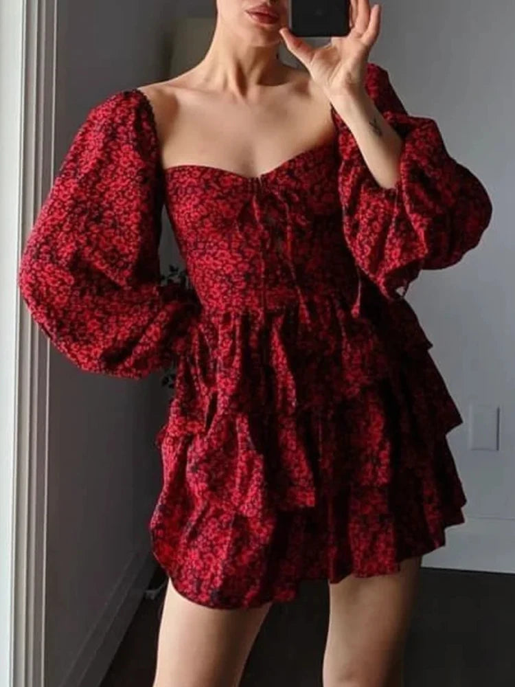 Patchwork Lace Up Printing Vintage Dresses For Women Square Collar Long Sleeve High Waist Backless Temperament Dress Female