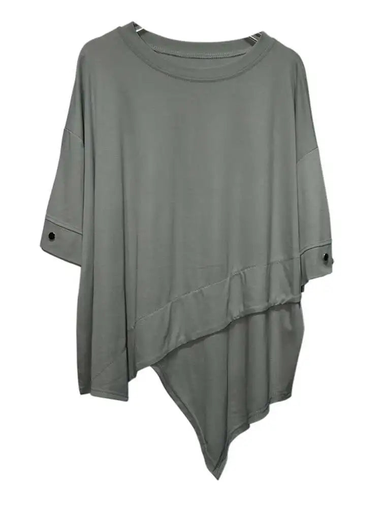 Women Black Irregular Hem Big Size Casual T-shirt New Round Neck Short Sleeve Fashion Tide Spring Summer 2025 1DJ0618