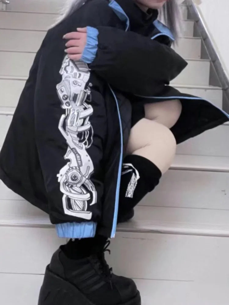 Japanese Kawaii Fashion Jacket Women Y2k Aesthetic Zipper Coat Loose Simple Coats Casual Harajuku Cartoon Skull Print Jackets