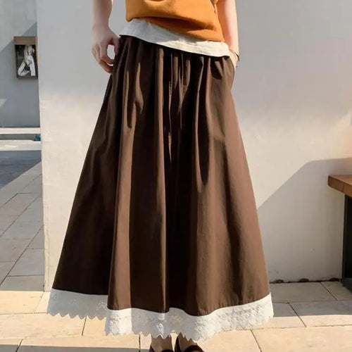 Load image into Gallery viewer, French Black White Patchwork Lace High Waist Vacation Pleated Long Skirt Spring Summe Women Retro Elegant Drawstring Party Skirt
