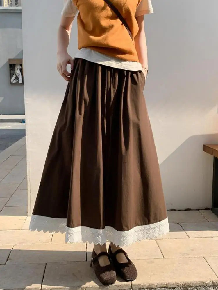 French Black White Patchwork Lace High Waist Vacation Pleated Long Skirt Spring Summe Women Retro Elegant Drawstring Party Skirt