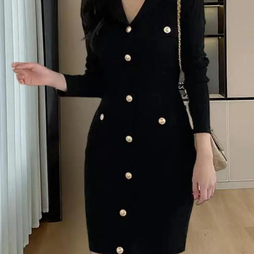 Load image into Gallery viewer, Women Khaki Single Breasted Long Sleeved Office Mini Dress Autumn Winter New Black V Neck Slim High Waist Knitted Short Dresses

