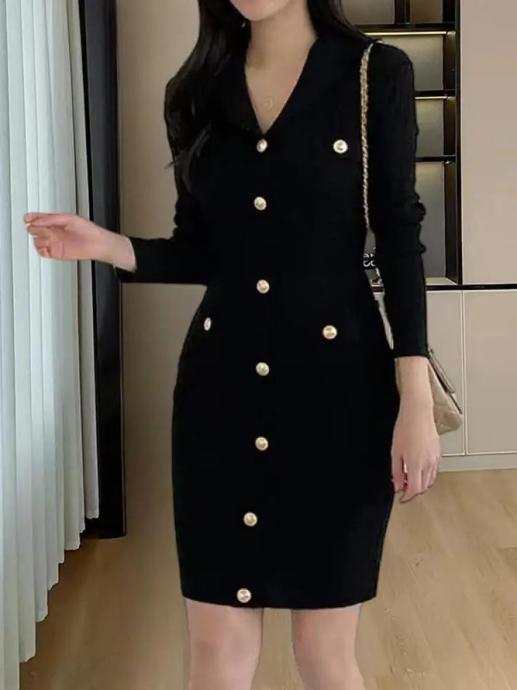 Women Khaki Single Breasted Long Sleeved Office Mini Dress Autumn Winter New Black V Neck Slim High Waist Knitted Short Dresses