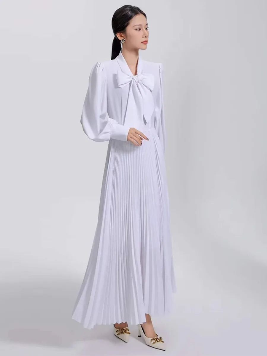 Solid Minimalist Elegant Dresses for Women Scarf Collar Long Sleeve High Waist Dress Female Fashion