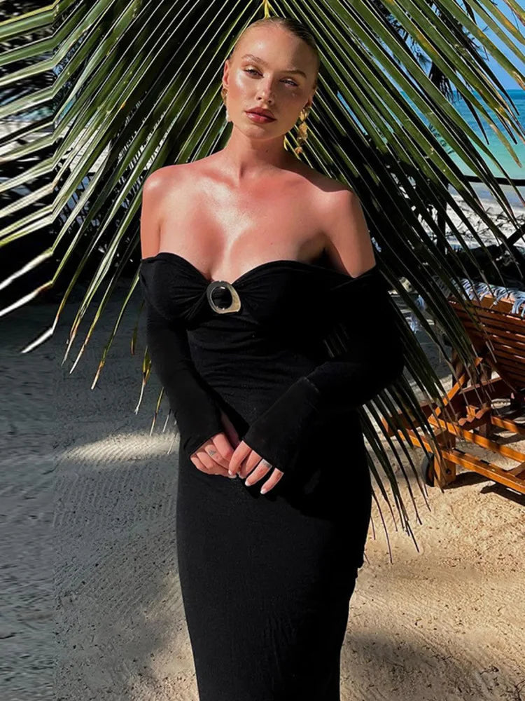 Off-shoulder Long Sleeve Sexy Maxi Dress For Women Autumn New Strapless Backless Bodycon Elegant Club Party Long Dress