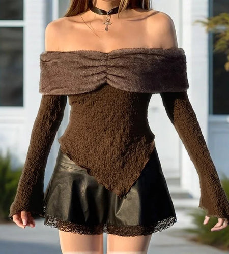 y2k Tops for Women Fairycore Grunge Clothing Faux Fur Collar Off Shoulder Long Sleeve Asymmetric Hem Tshirts Streetwear